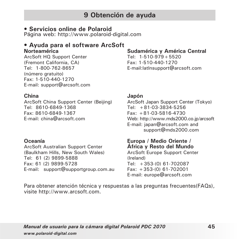 9 obtención de ayuda, Servicios online de polaroid, Ayuda para el software arcsoft | Polaroid PDC 2070 User Manual | Page 45 / 52