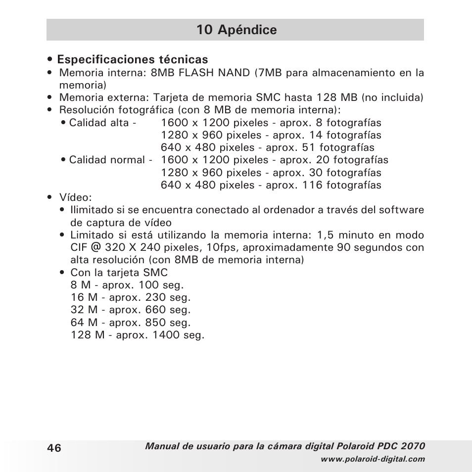 10 apéndice | Polaroid PDC 2070 User Manual | Page 46 / 52