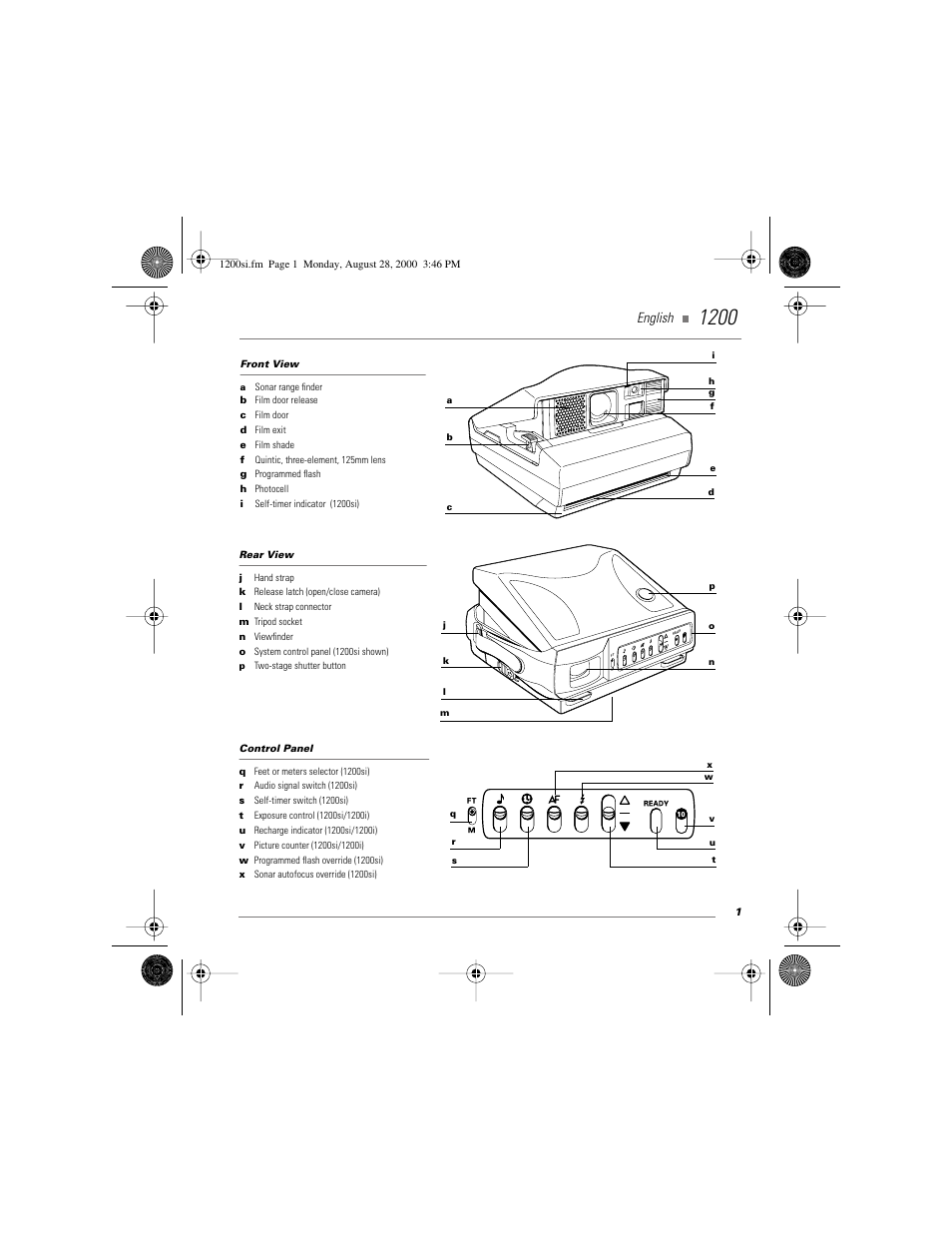 Camera controls, English | Polaroid 1200si User Manual | Page 2 / 11