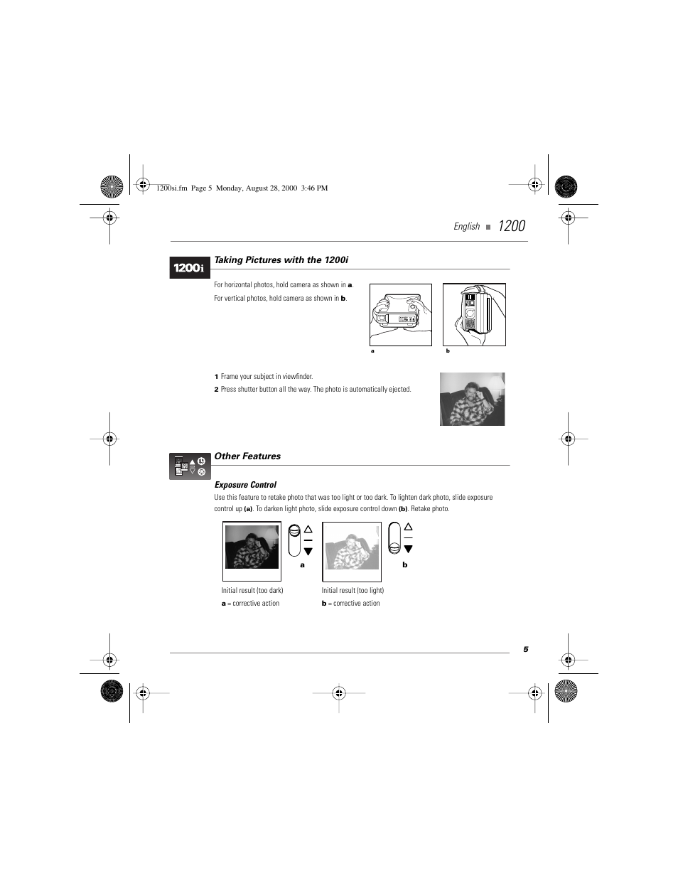 Taking pictures with the 1200i, Other features, Exposure control | English | Polaroid 1200si User Manual | Page 6 / 11