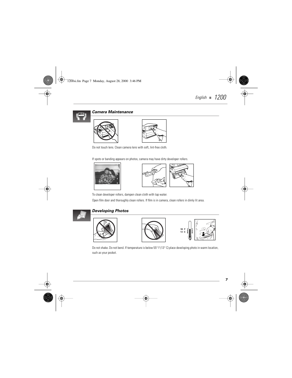 Camera maintenance, Developing photos | Polaroid 1200si User Manual | Page 8 / 11