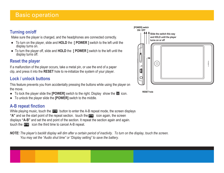 Basic operation, Turning on/off lock / unlock buttons, A-b repeat finction | Reset the player | Polaroid PMP350-4 User Manual | Page 11 / 24