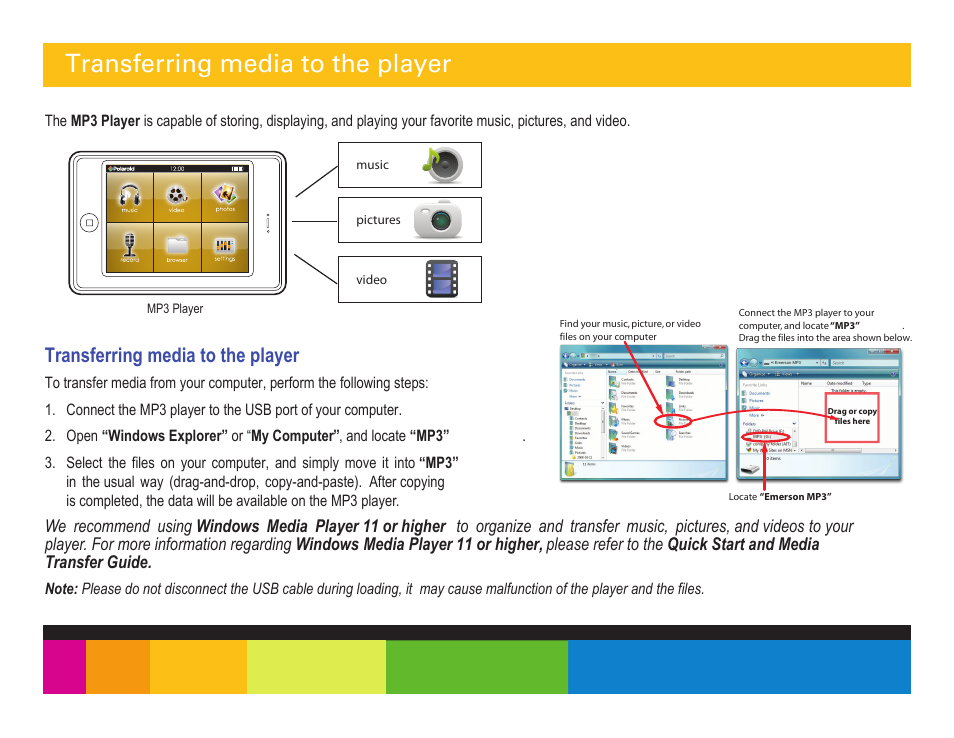 Transferring media to the player | Polaroid PMP350-4 User Manual | Page 12 / 24
