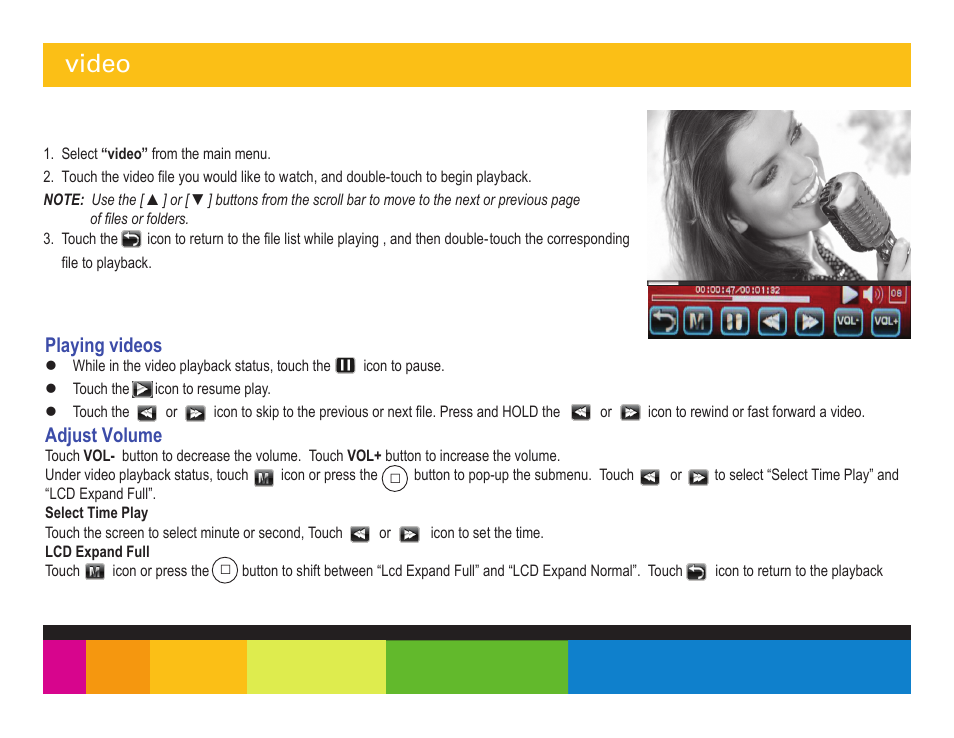 Video, Playing videos, Adjust volume | Polaroid PMP350-4 User Manual | Page 16 / 24