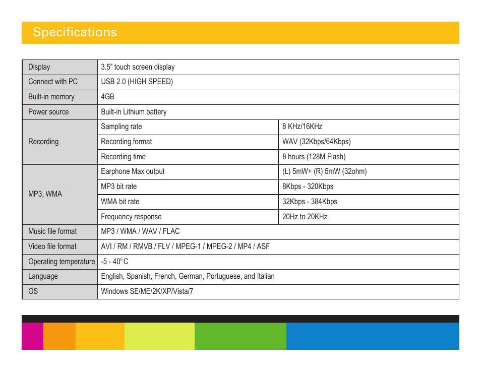 Specifications | Polaroid PMP350-4 User Manual | Page 21 / 24