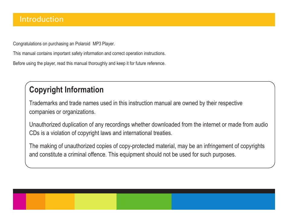 Copyright information, Introduction | Polaroid PMP350-4 User Manual | Page 4 / 24