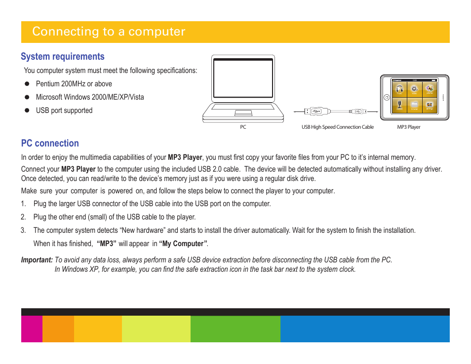 Connecting to a computer, System requirements, Pc connection | Polaroid PMP350-4 User Manual | Page 8 / 24