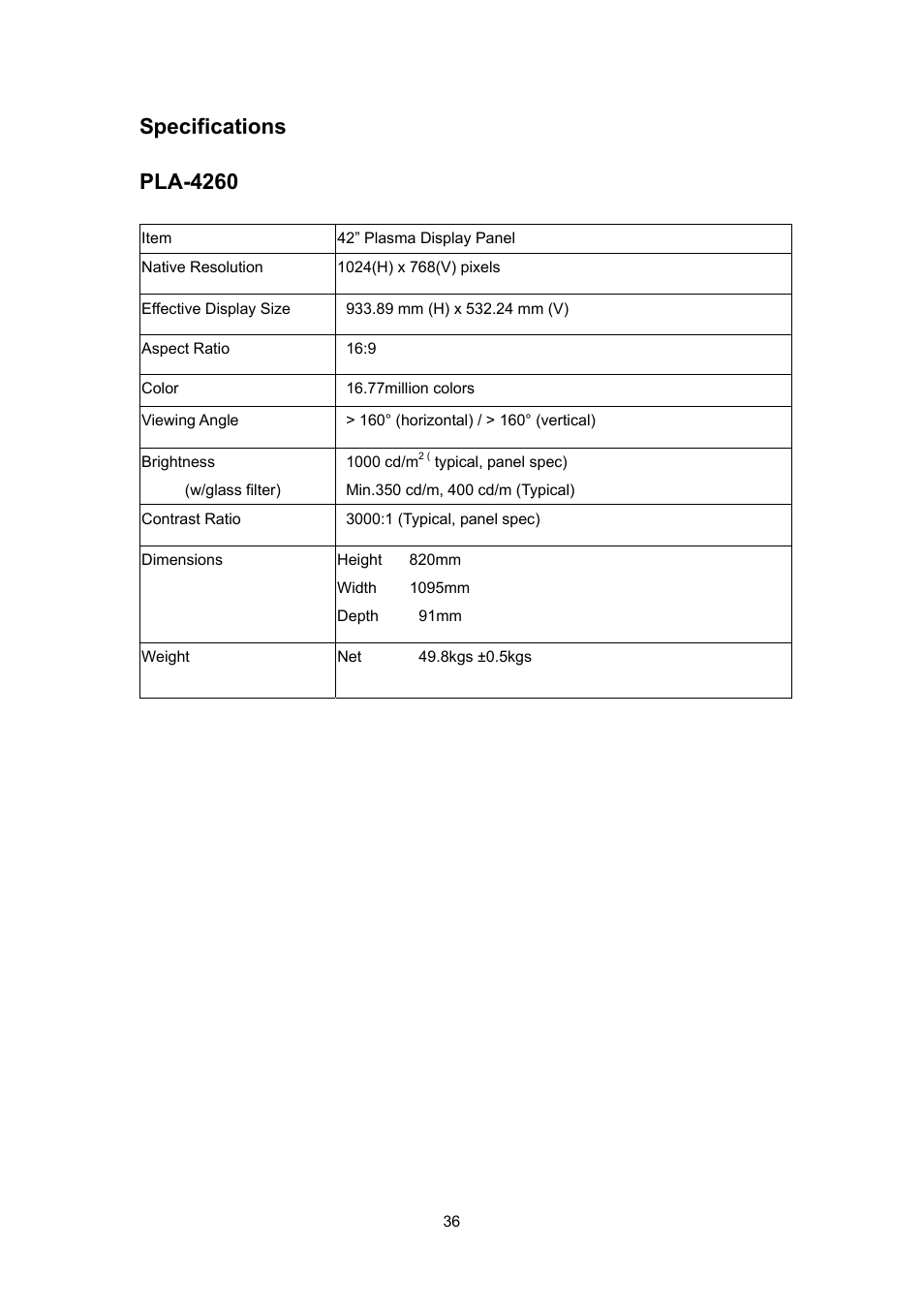 Specifications, Pla-4260 | Polaroid PLA 4260 User Manual | Page 36 / 39