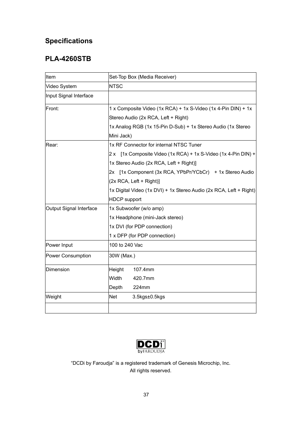 Specifications, Pla-4260stb | Polaroid PLA 4260 User Manual | Page 37 / 39