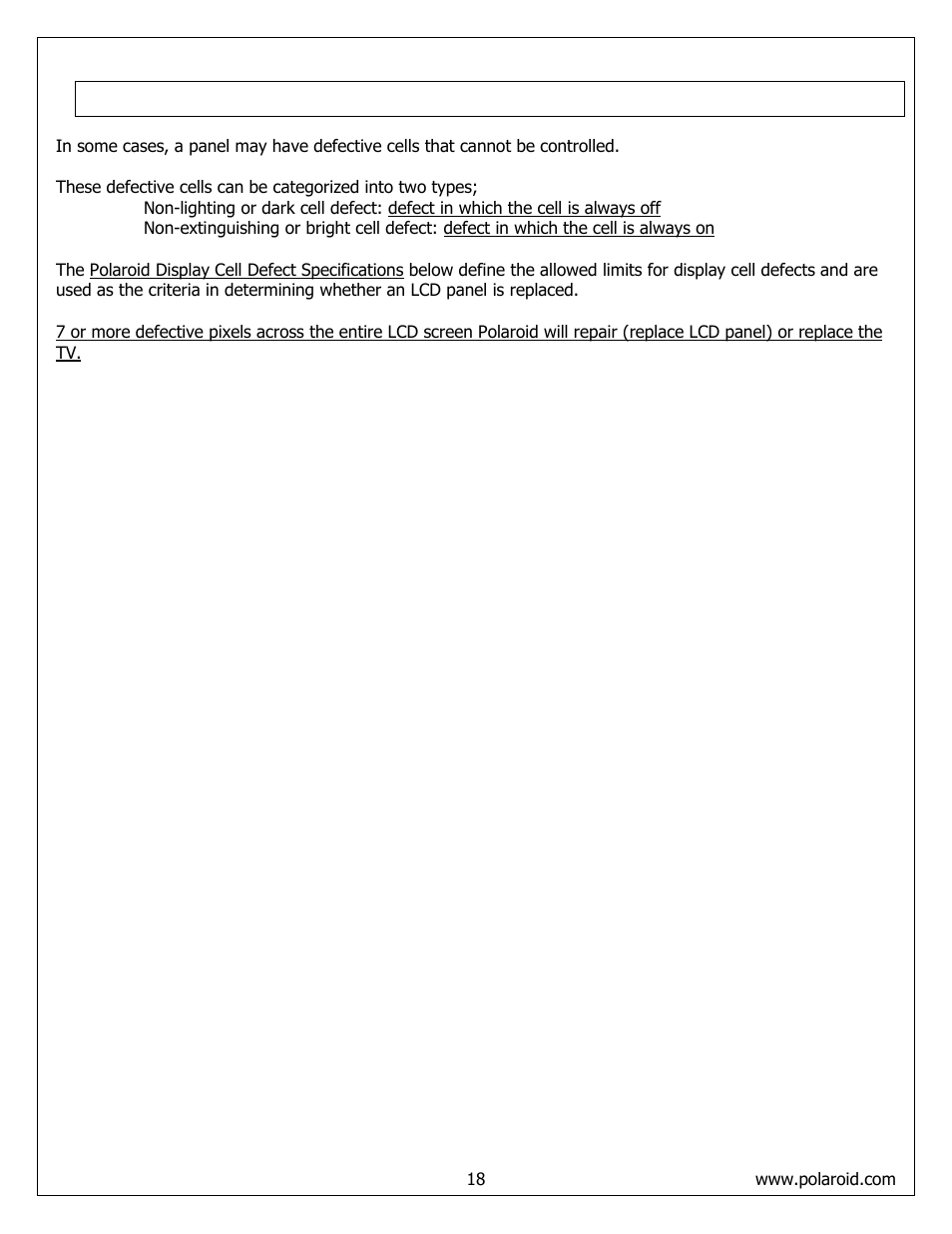 Polaroid display cell defect specification | Polaroid FLM-373B User Manual | Page 18 / 52