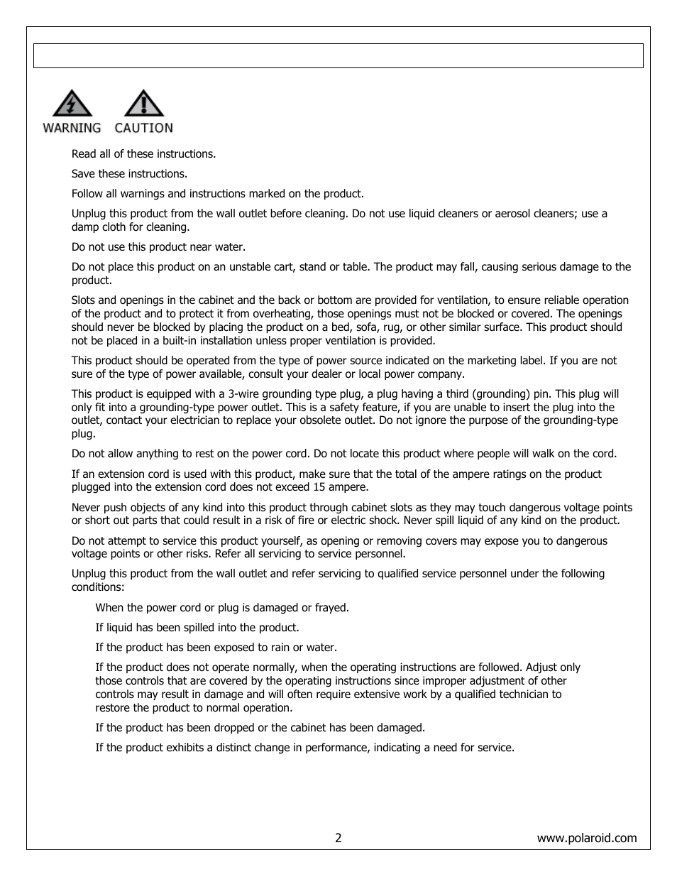 Important service and safety information | Polaroid FLM-373B User Manual | Page 2 / 52