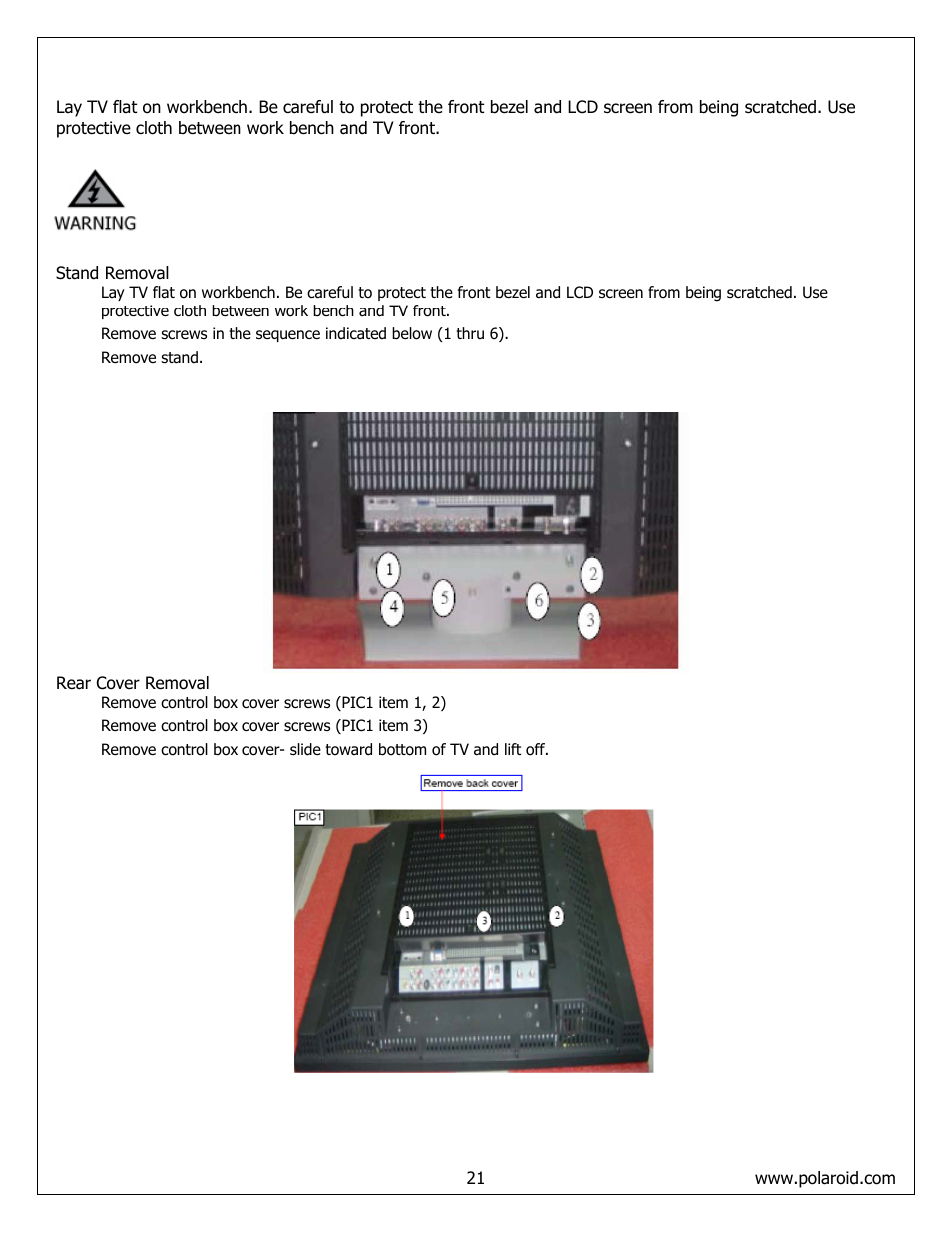 Rear cover removal | Polaroid FLM-373B User Manual | Page 21 / 52