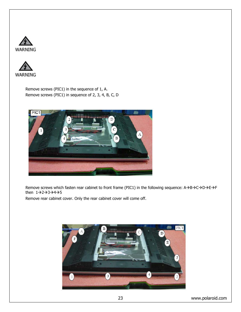 Rear cabinet cover lcd panel and front bezel | Polaroid FLM-373B User Manual | Page 23 / 52