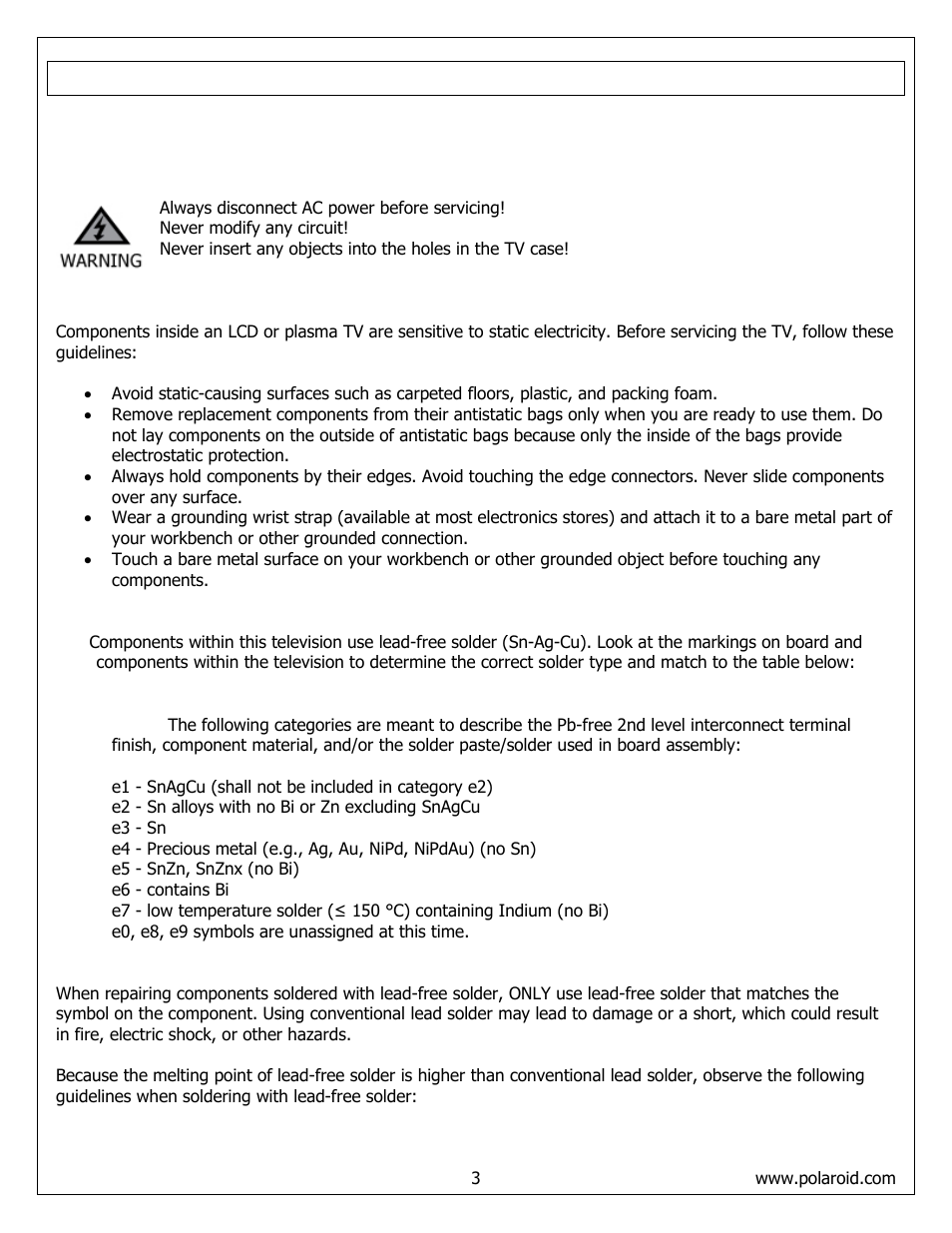 Important service and safety information | Polaroid FLM-373B User Manual | Page 3 / 52