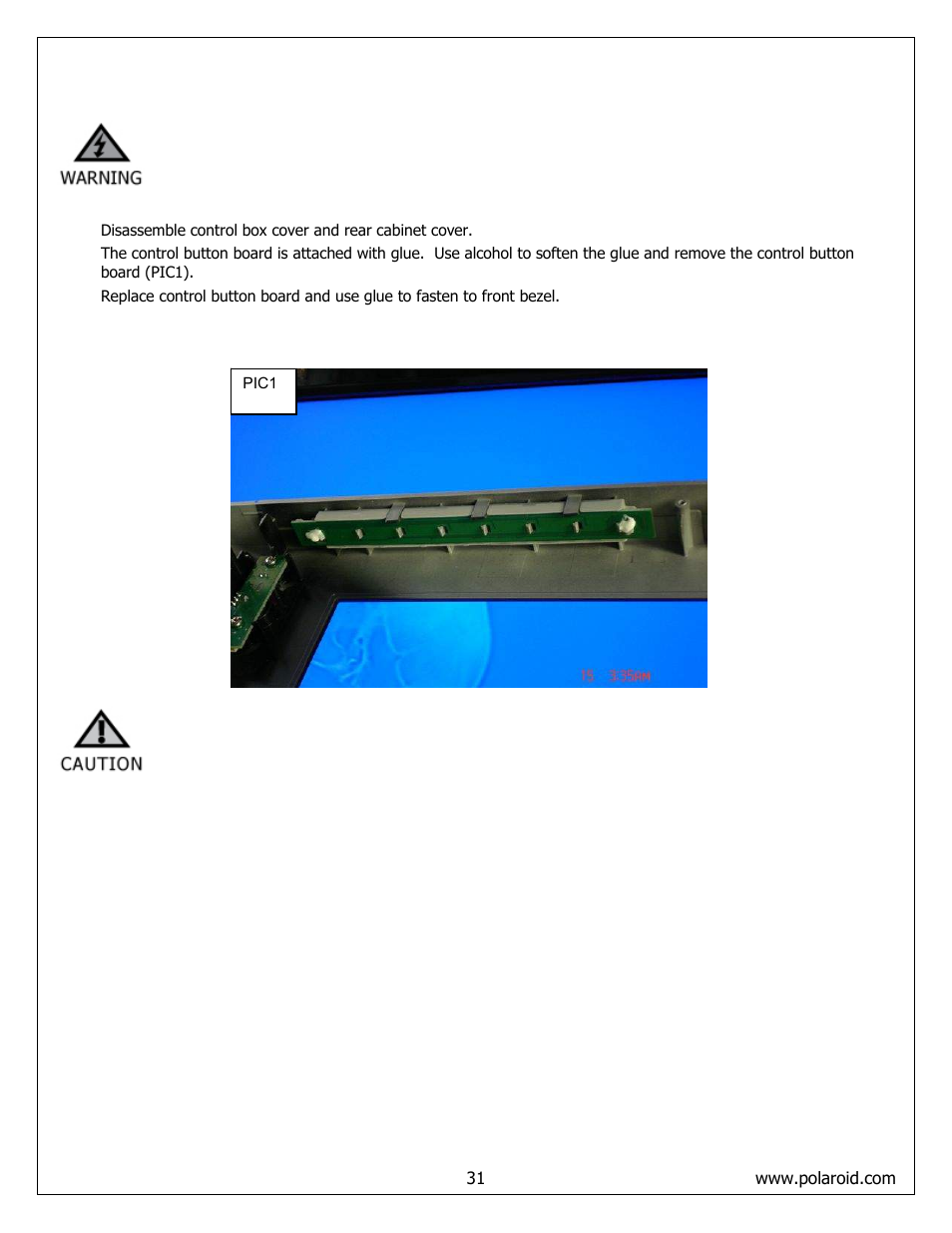 Front/side control buttons removal and replacement | Polaroid FLM-373B User Manual | Page 31 / 52