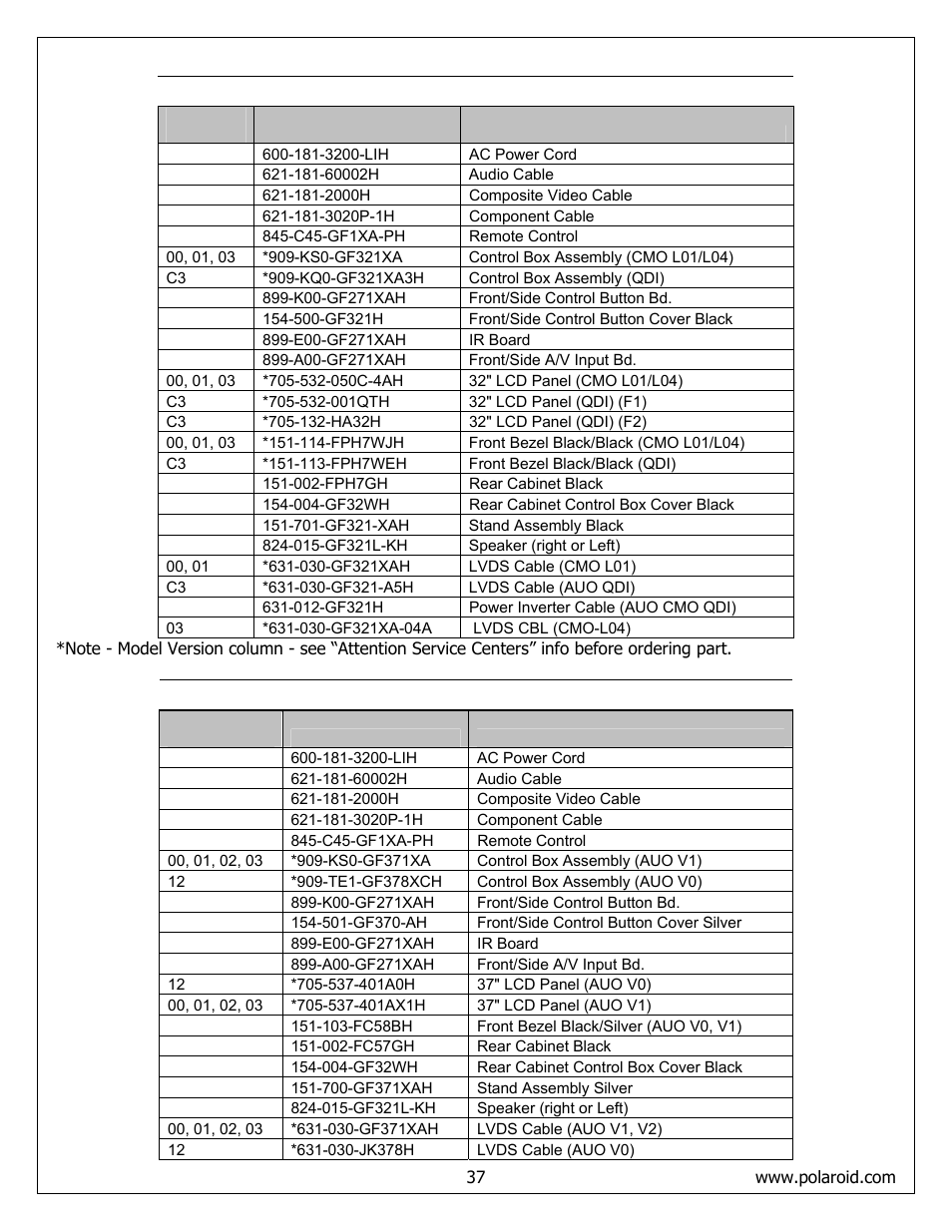 Polaroid flm-3234b part list | Polaroid FLM-373B User Manual | Page 37 / 52