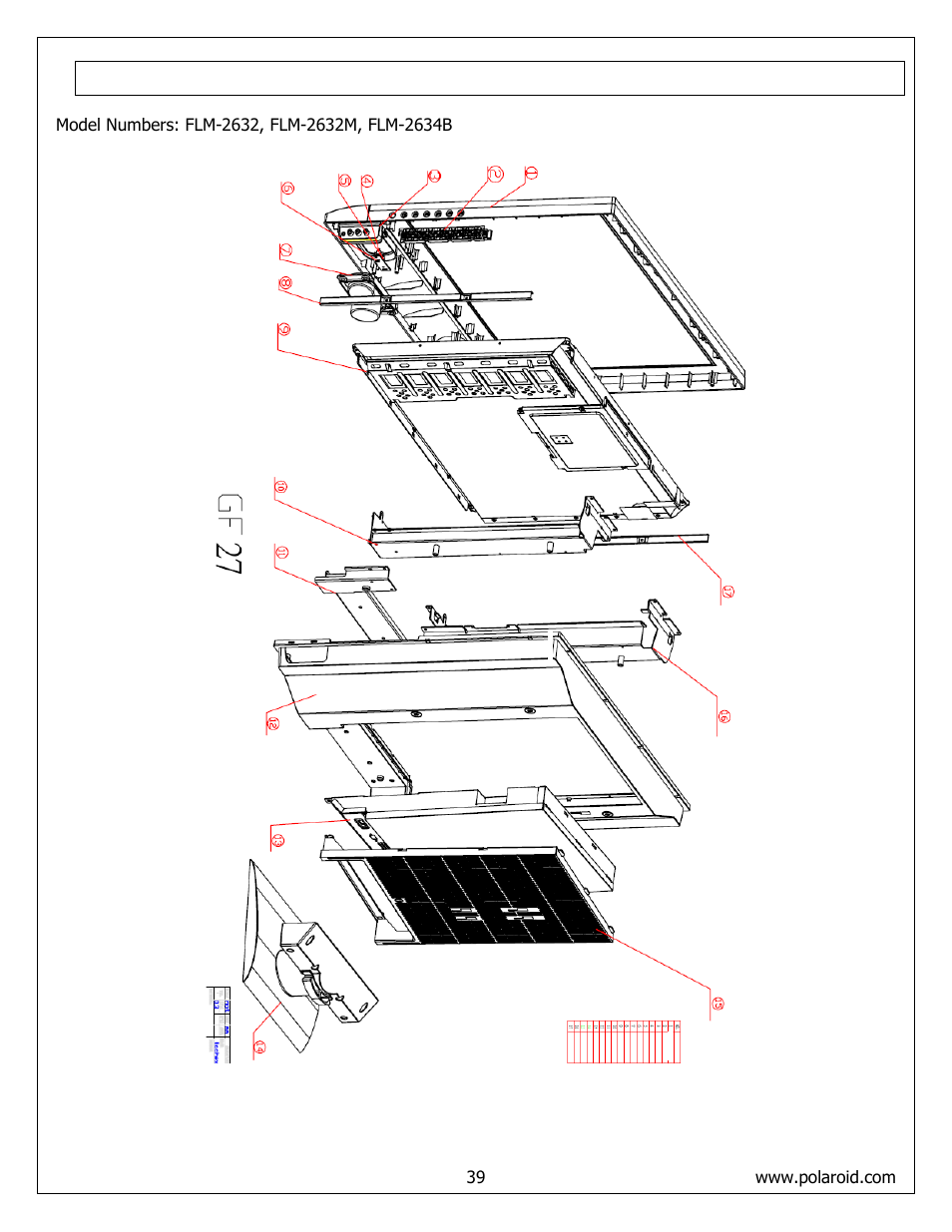Exploded view diagram | Polaroid FLM-373B User Manual | Page 39 / 52