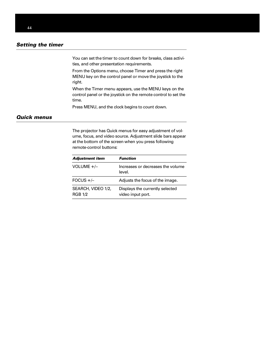 Setting the timer, Quick menus | Polaroid Polaview 110 User Manual | Page 47 / 69