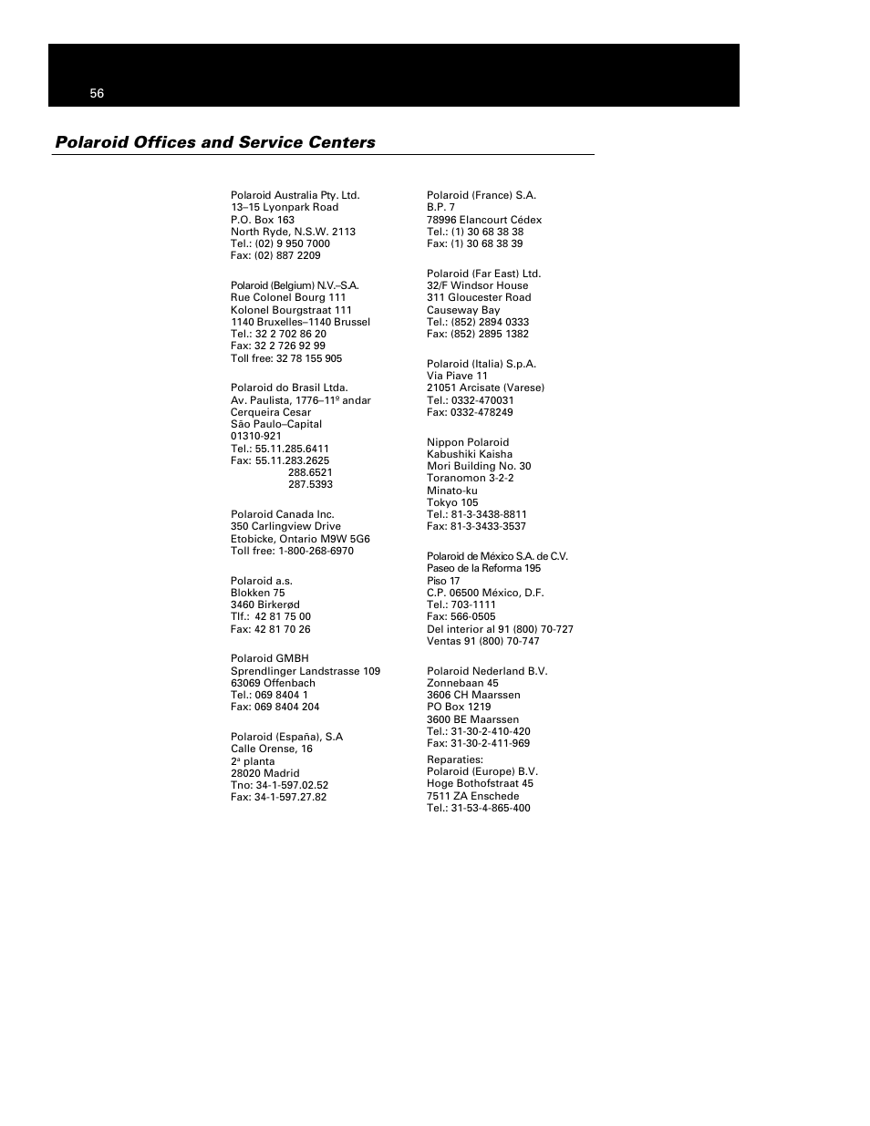 Polaroid offices and service centers | Polaroid Polaview 110 User Manual | Page 59 / 69