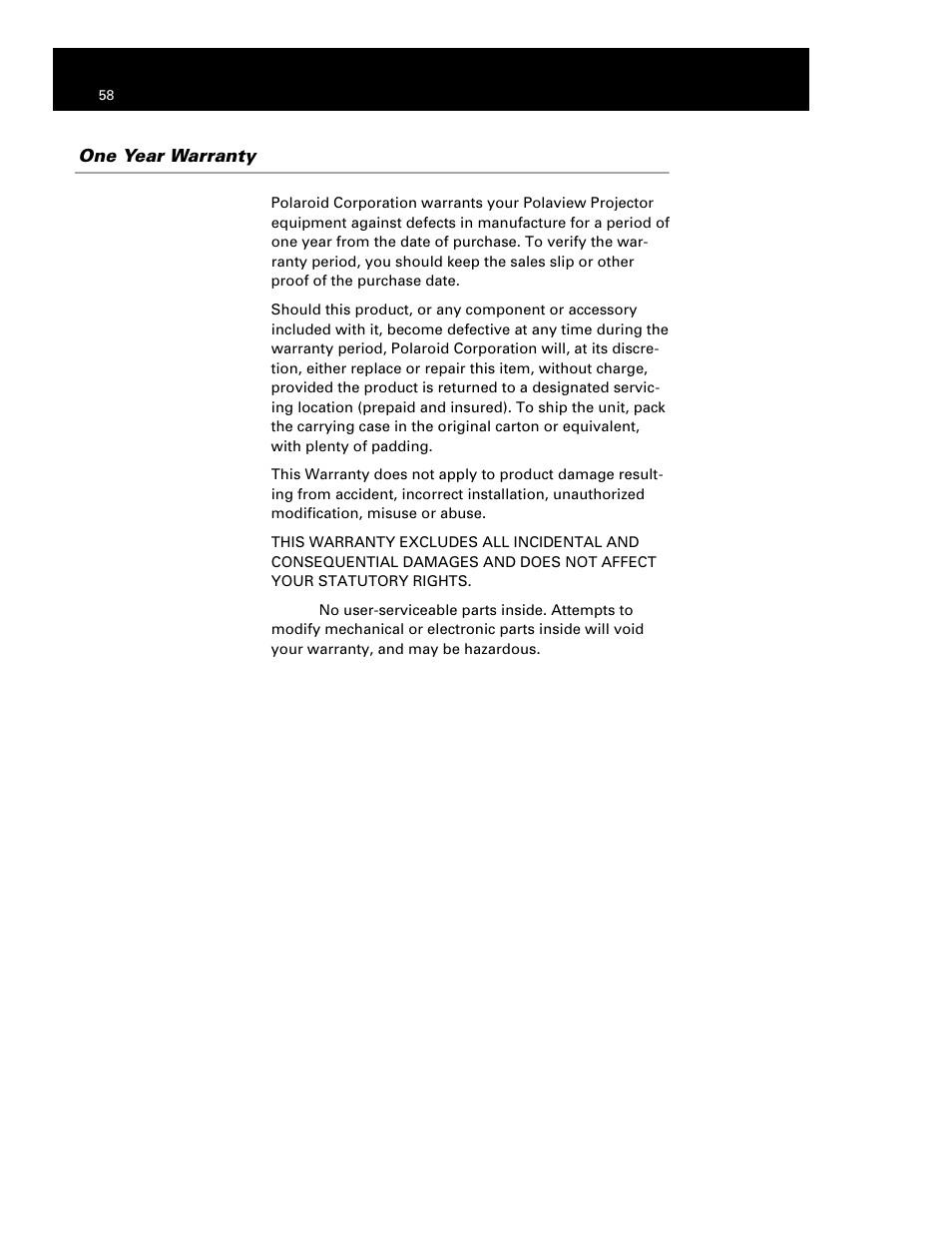 One year warranty | Polaroid Polaview 110 User Manual | Page 61 / 69