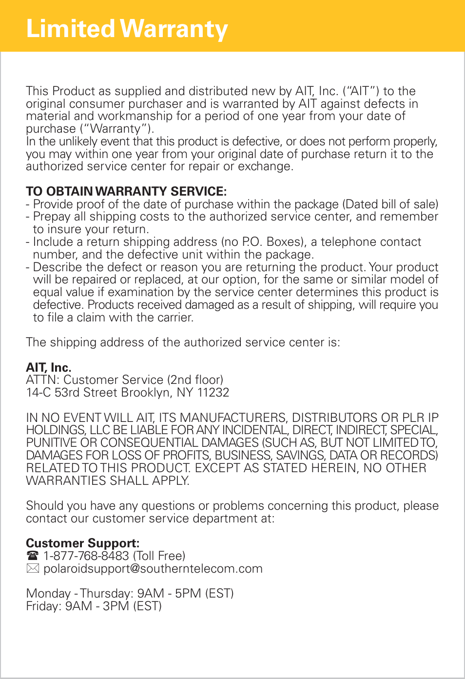 Limited warranty | Polaroid PMP90TM User Manual | Page 11 / 11