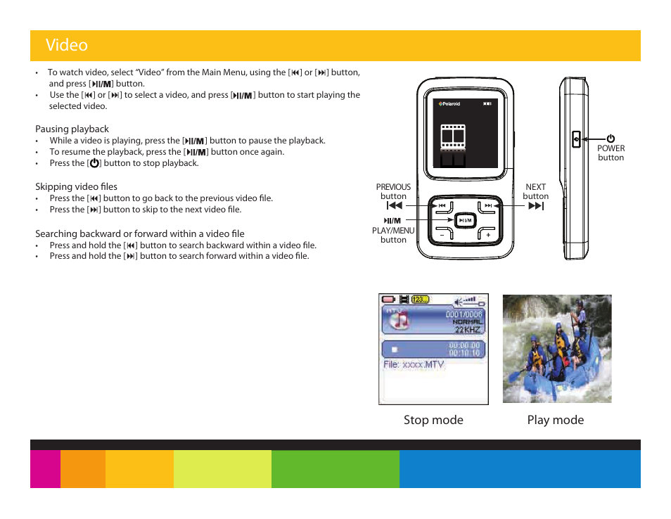Video, Stop mode play mode | Polaroid PMP151 User Manual | Page 13 / 25
