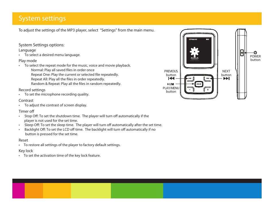 System settings | Polaroid PMP151 User Manual | Page 20 / 25