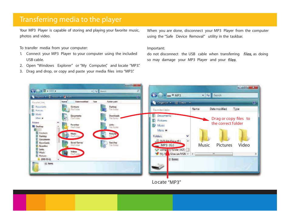 Transferring media to the player | Polaroid PMP151 User Manual | Page 7 / 25