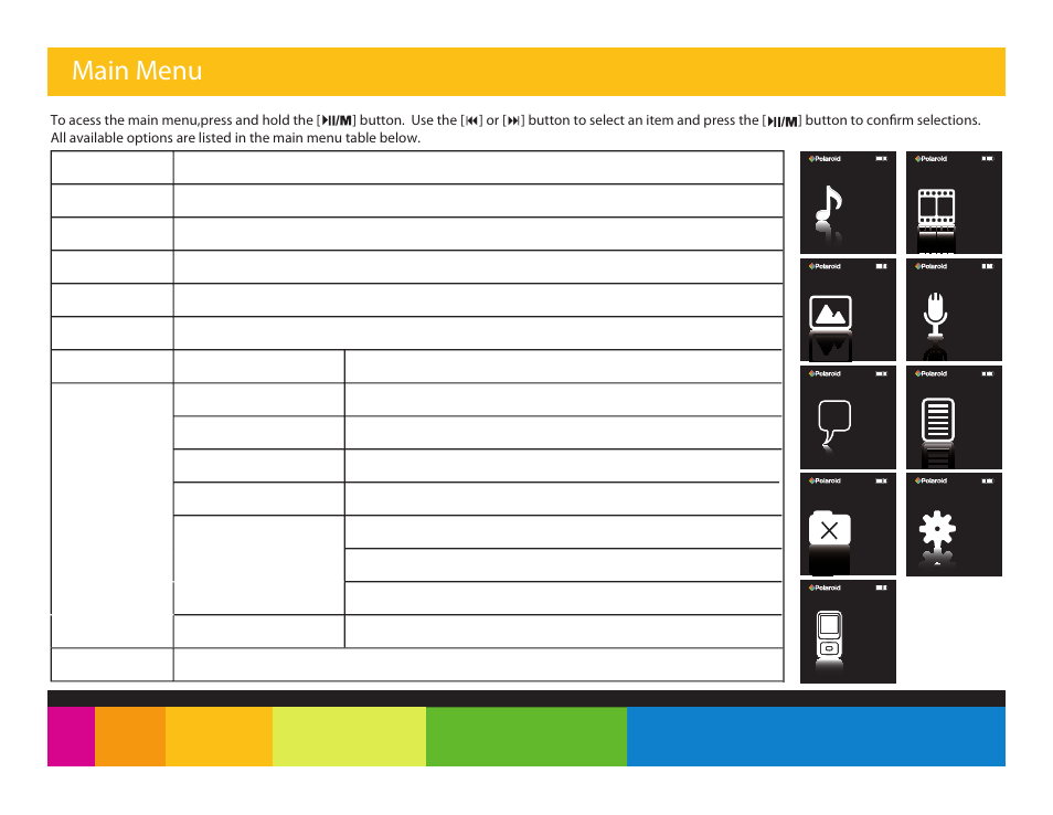 Main menu | Polaroid PMP151 User Manual | Page 8 / 25