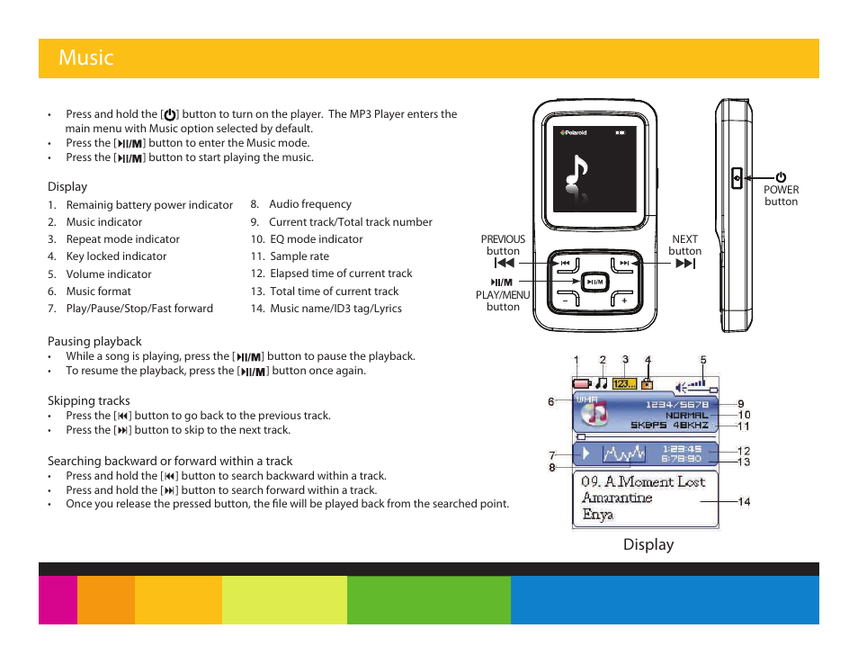 Music, Display | Polaroid PMP151 User Manual | Page 9 / 25