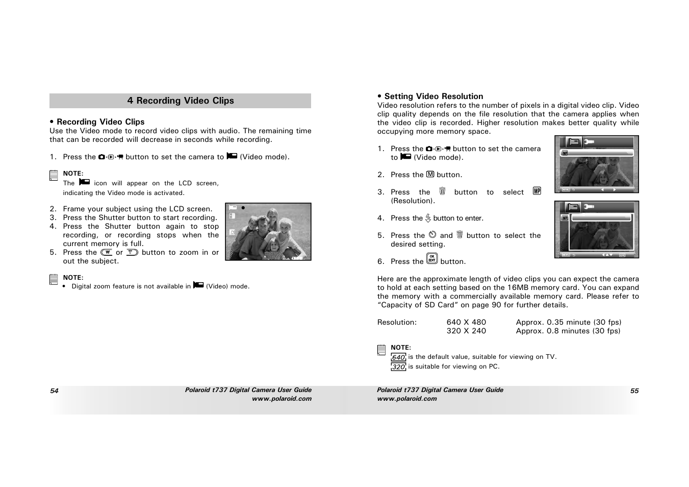 4 recording video clips | Polaroid T737 User Manual | Page 28 / 58