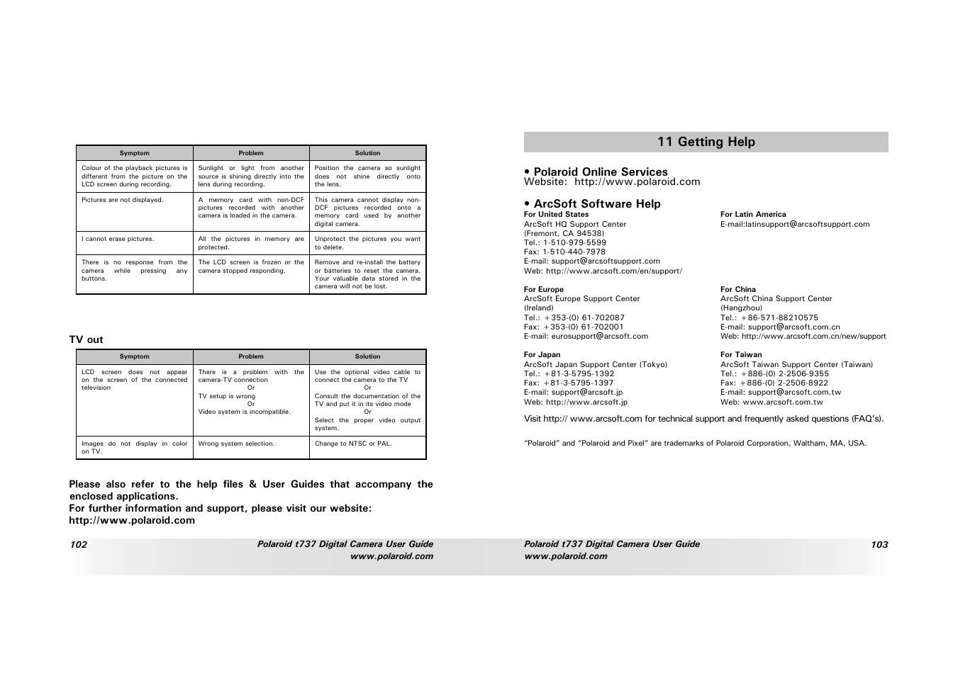 11 getting help, Polaroid online services, Arcsoft software help | Polaroid T737 User Manual | Page 52 / 58