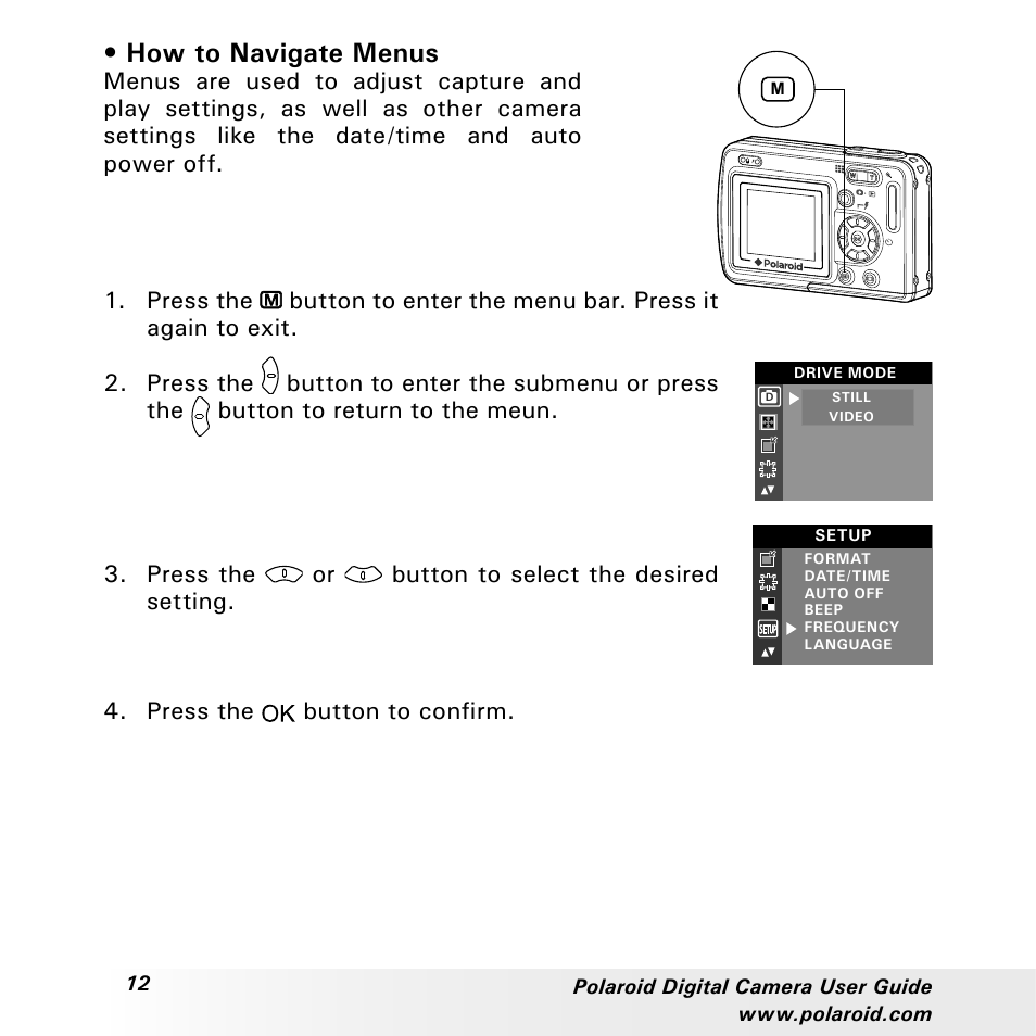 How to navigate menus, Press the or button to select the desired setting, Press the button to confirm | Polaroid a310 User Manual | Page 12 / 78