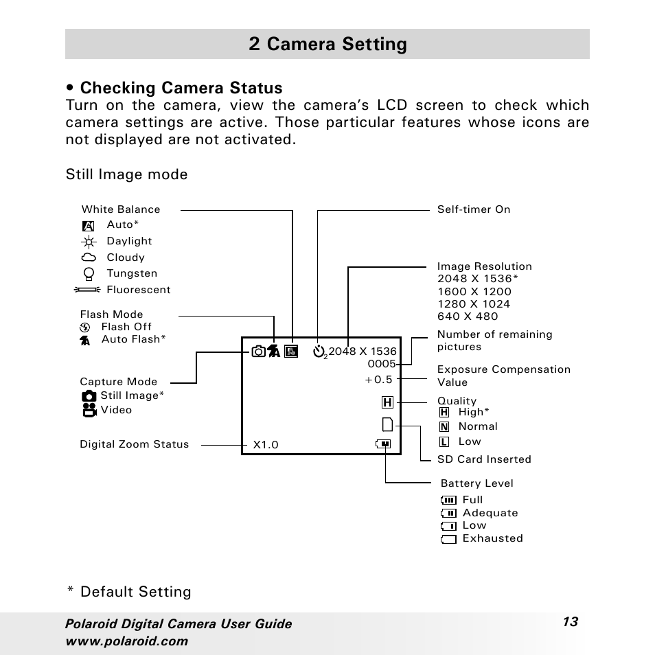 2 camera setting, Checking camera status, Default setting | Polaroid a310 User Manual | Page 13 / 78