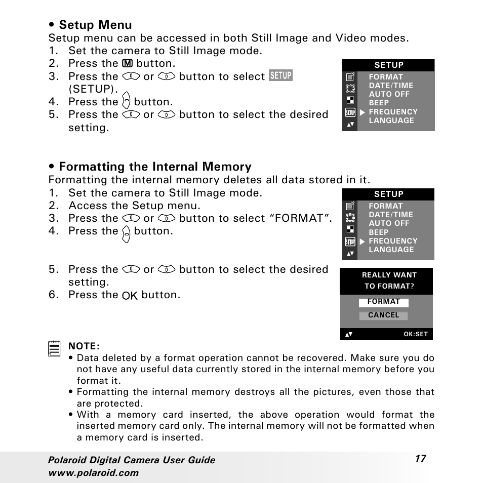 Setup menu | Polaroid a310 User Manual | Page 17 / 78