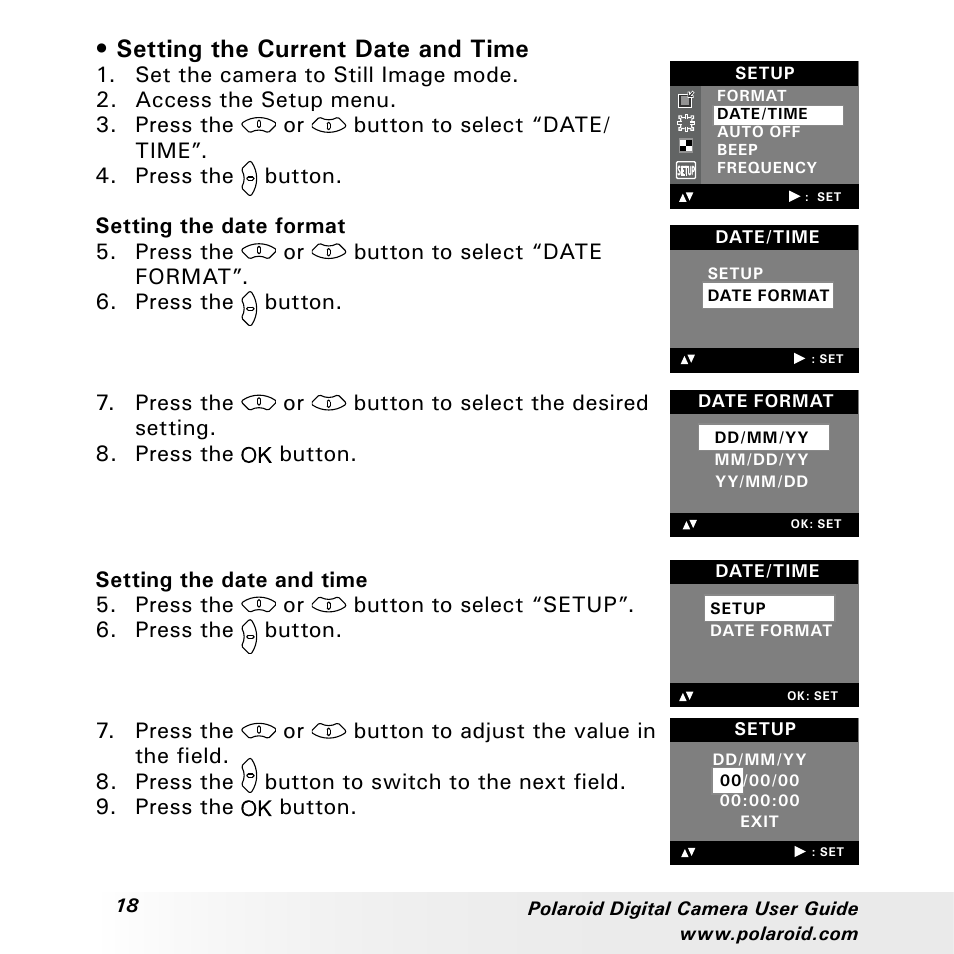 Setting the current date and time | Polaroid a310 User Manual | Page 18 / 78