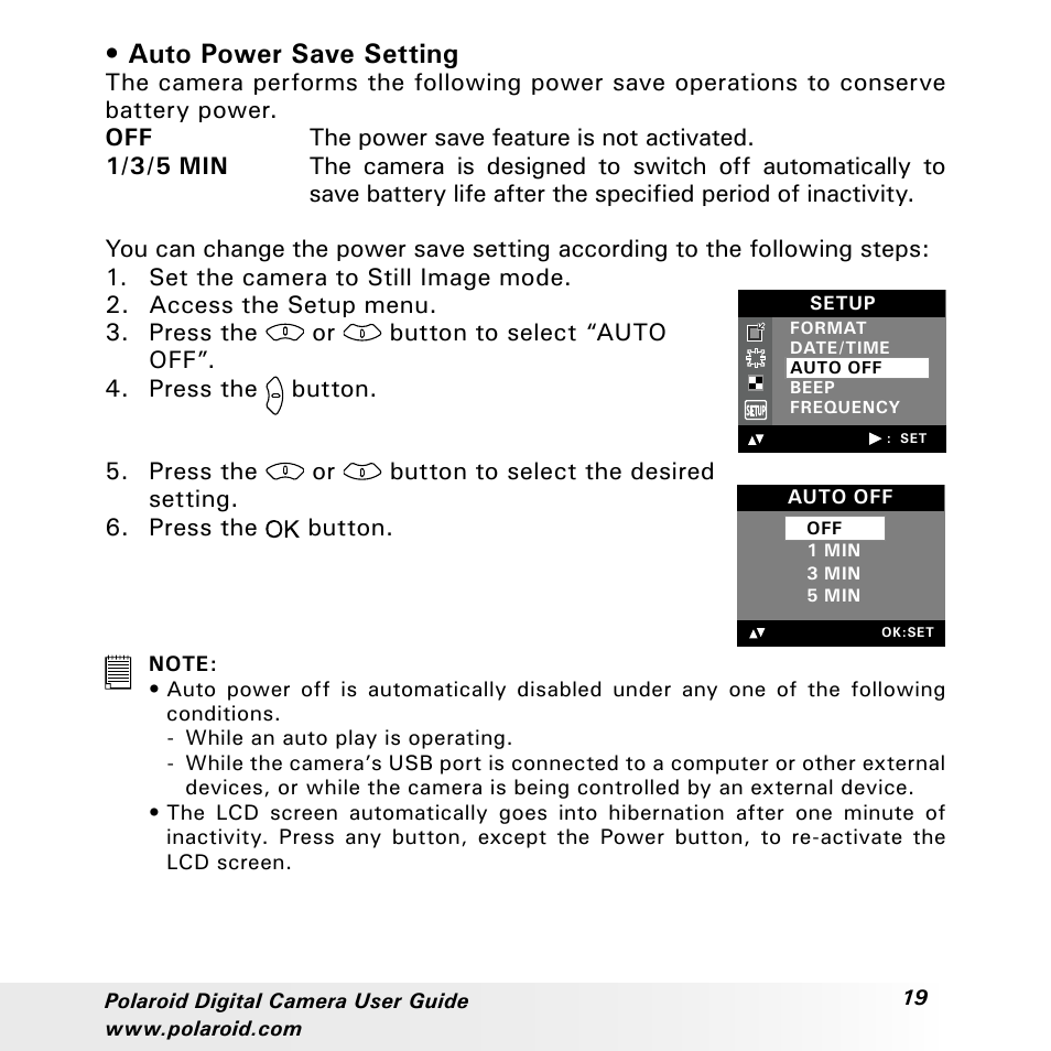 Auto power save setting | Polaroid a310 User Manual | Page 19 / 78