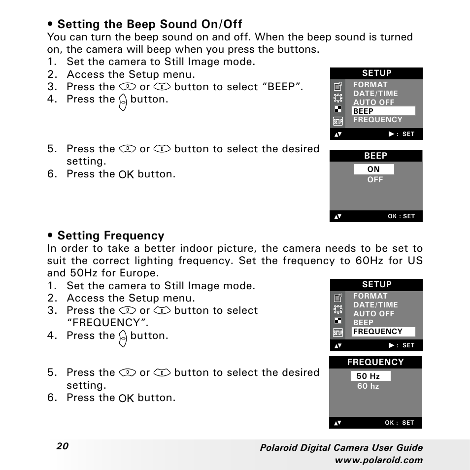 Setting the beep sound on/off, Setting frequency | Polaroid a310 User Manual | Page 20 / 78