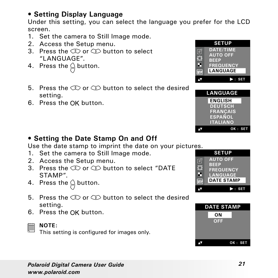 Setting display language, Setting the date stamp on and off | Polaroid a310 User Manual | Page 21 / 78