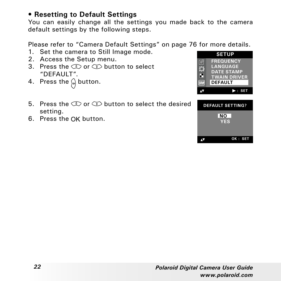 Resetting to default settings | Polaroid a310 User Manual | Page 22 / 78