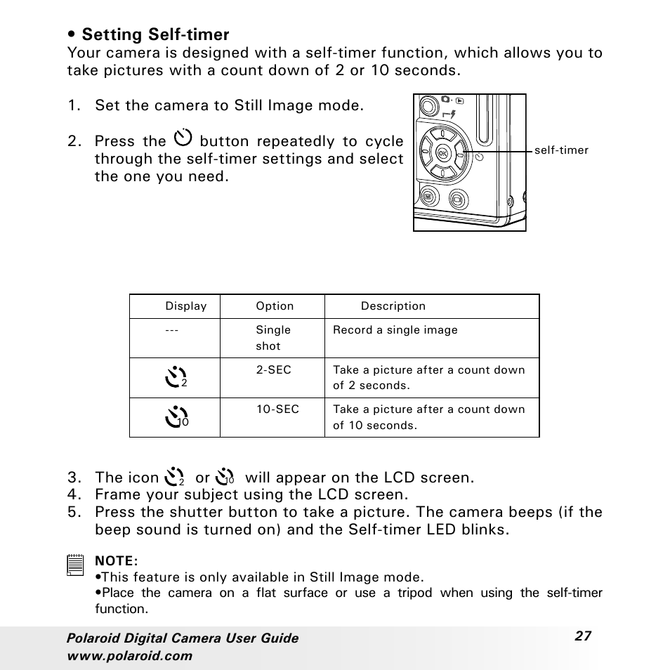 Setting self-timer | Polaroid a310 User Manual | Page 27 / 78