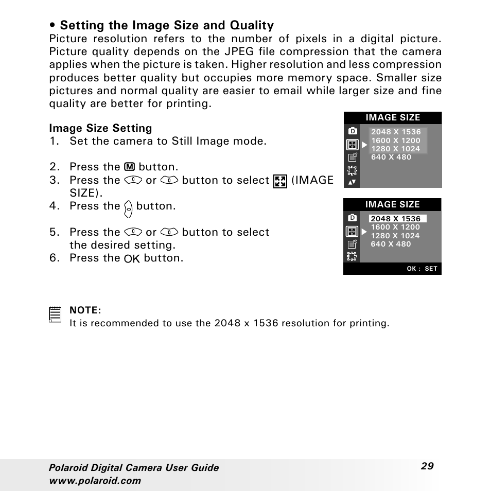 Setting the image size and quality | Polaroid a310 User Manual | Page 29 / 78