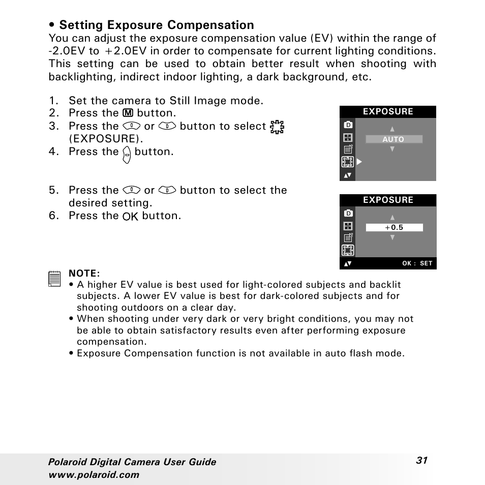 Setting exposure compensation | Polaroid a310 User Manual | Page 31 / 78