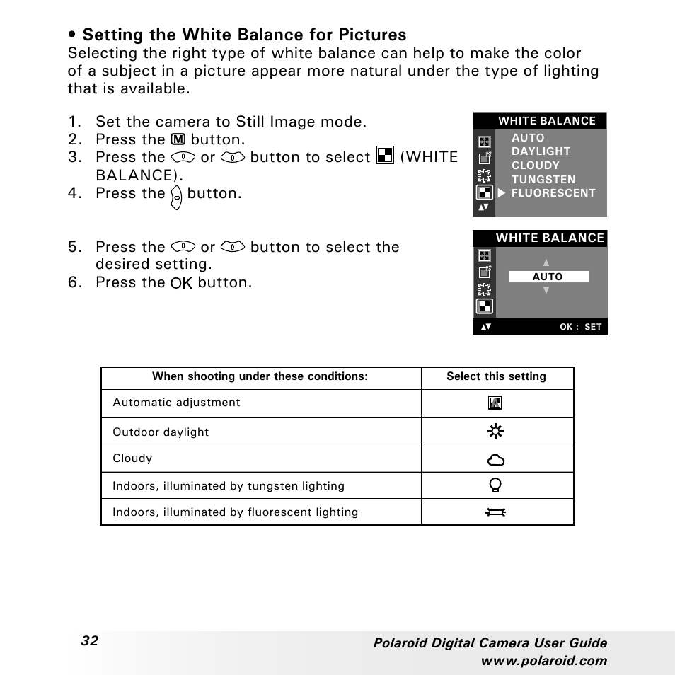 Setting the white balance for pictures | Polaroid a310 User Manual | Page 32 / 78