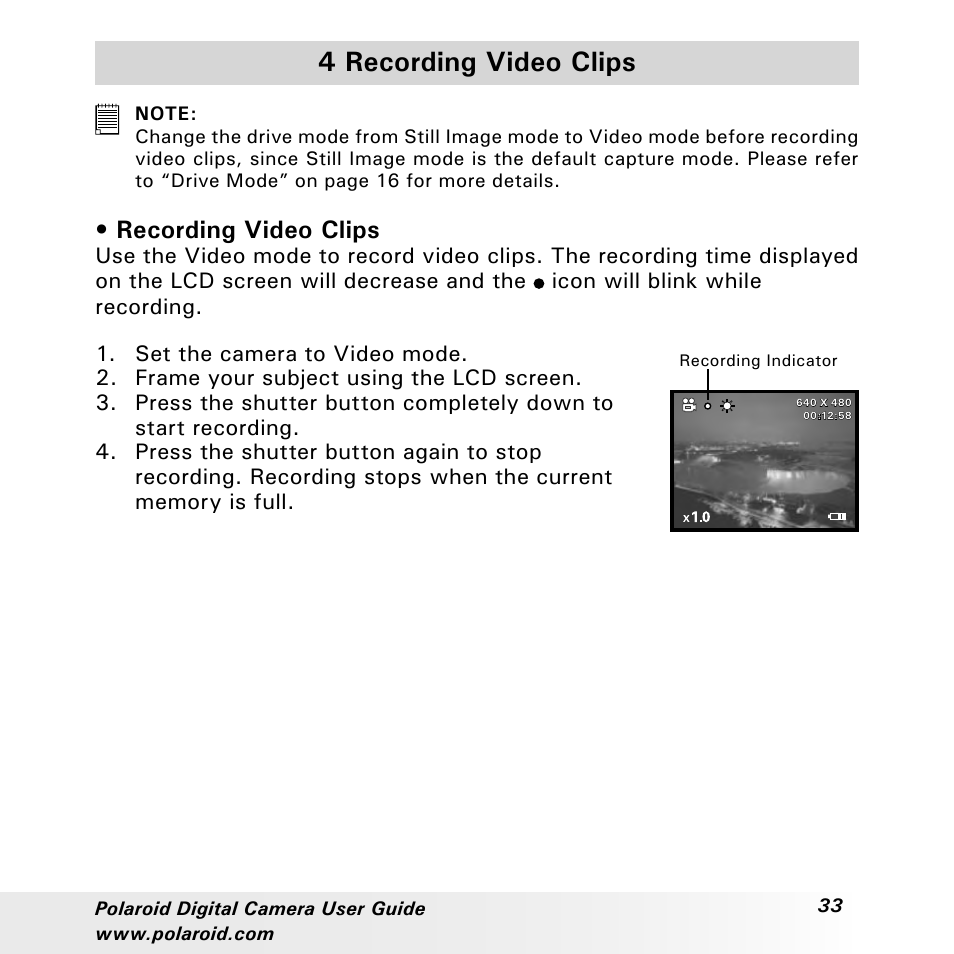 4 recording video clips, Recording video clips | Polaroid a310 User Manual | Page 33 / 78