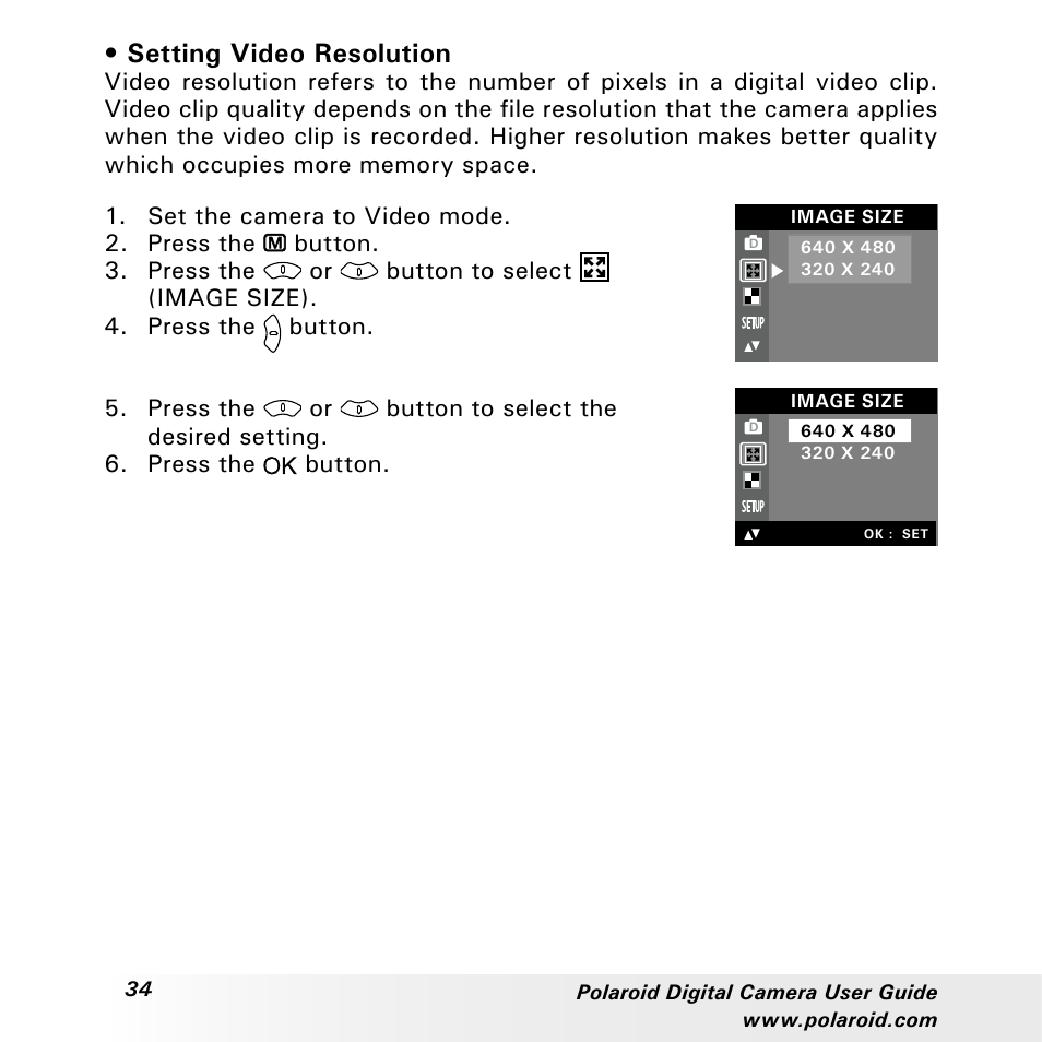 Setting video resolution | Polaroid a310 User Manual | Page 34 / 78