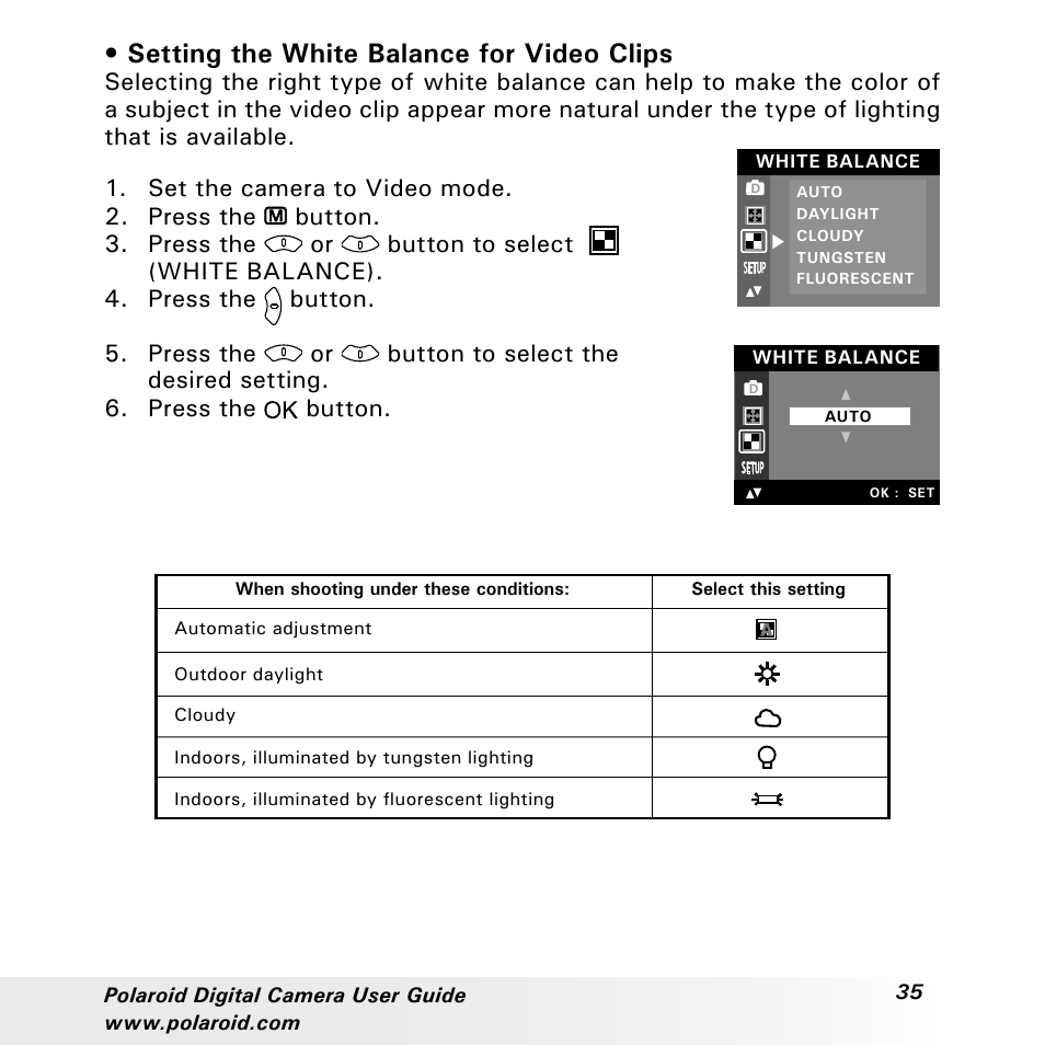 Setting the white balance for video clips | Polaroid a310 User Manual | Page 35 / 78