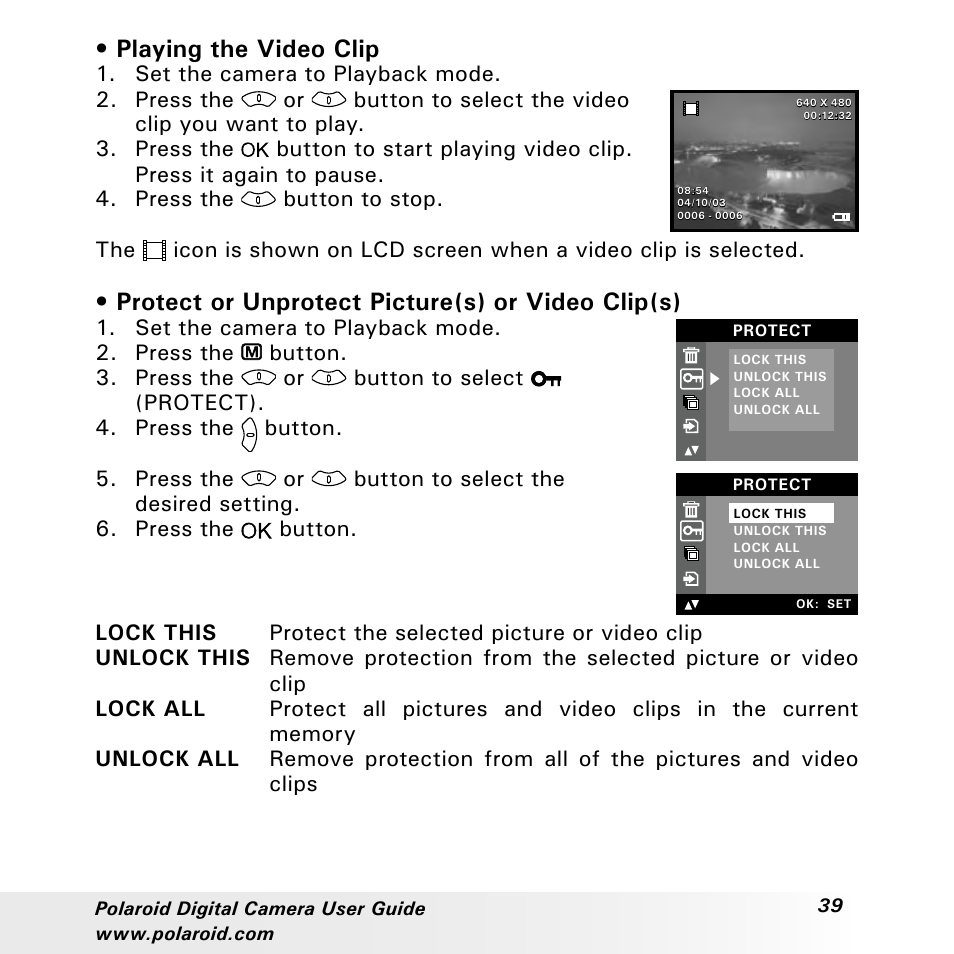 Playing the video clip, Protect or unprotect picture(s) or video clip(s) | Polaroid a310 User Manual | Page 39 / 78