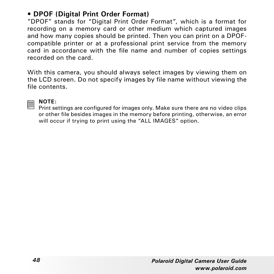 Dpof (digital print order format) | Polaroid a310 User Manual | Page 48 / 78