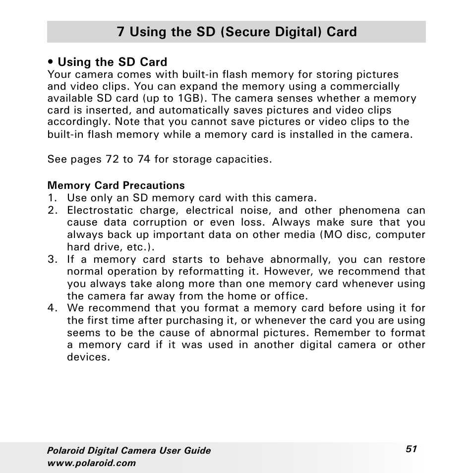 7 using the sd (secure digital) card | Polaroid a310 User Manual | Page 51 / 78